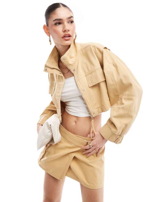 Mango - Cropped utility-jakke i brun - Del af sæt