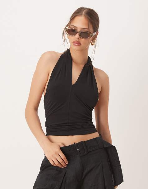 Mango cross detail halterneck top in black - view 1