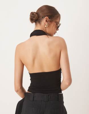 Mango Cross Detail Halterneck Top In Animal Print
