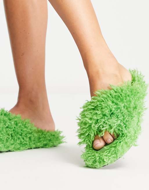 Mango crossover fluffy slipper in green ASOS