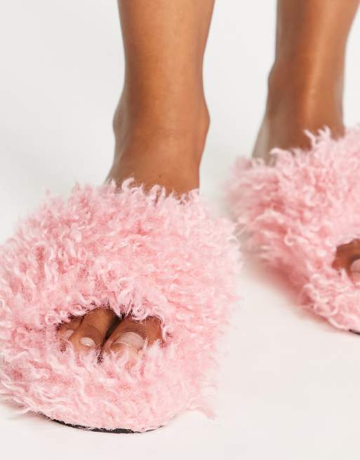 Mango crossover fluffy slipper in pink ASOS