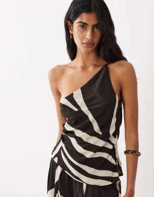 Mango Cuca One Shoulder Beaded Top In Brown