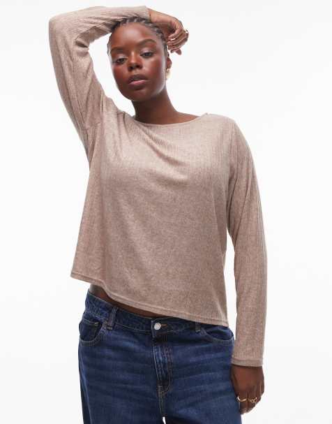 Mango Curve – Beige, blandribbad topp med långa ärmar - view 1