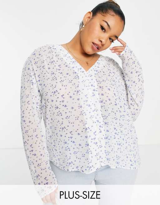 Mango Curve - Blusa bianca con stampa e scollo a V