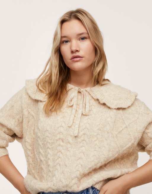 Mango Curve cable knit sweater with collar detail in ecru ASOS