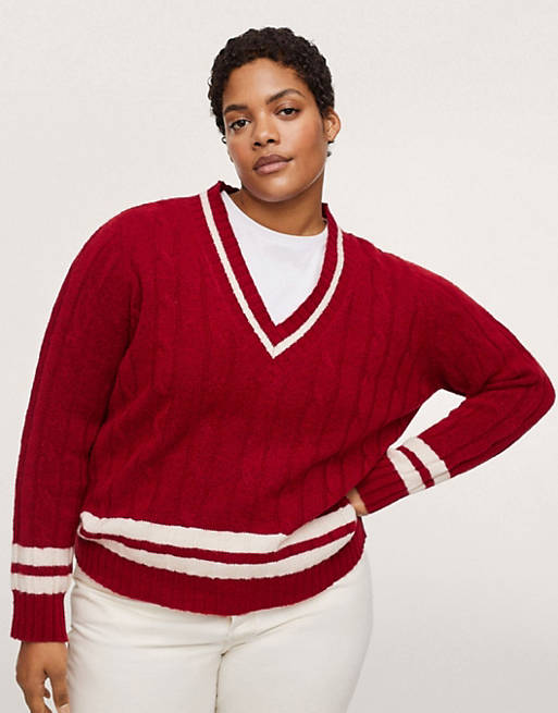  Mango Curve cable knit varsity jumper in red with white stripes 