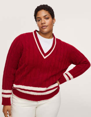 Mango Curve cable knit varsity sweater in red with white stripes