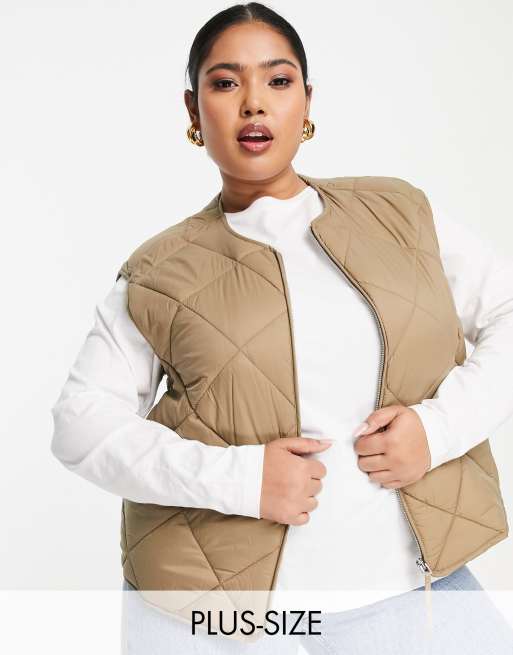 Mango Curve - Doorgestikte bodywarmer met diamantpatroon in camel