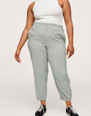Mango Curve elasticated waist tailored trouser in sage green