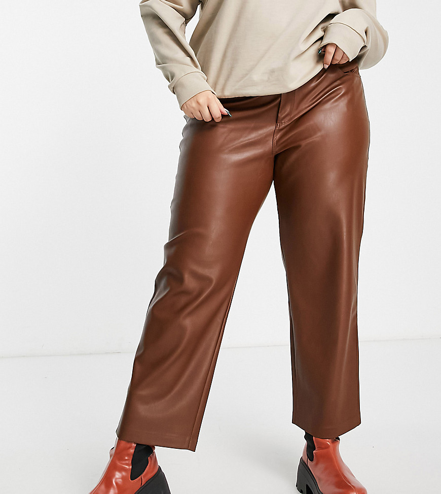 Mango Curve faux leather straight leg pants in brown