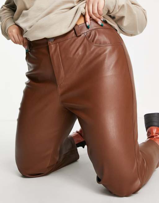 Mango Curve faux leather straight leg pants in brown