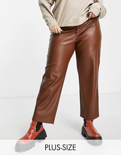 Women Mango Curve faux leather straight leg trousers in brown 