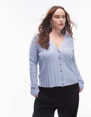 Mango Curve - Gerippte Strickjacke in Hellblau mit Knopfleiste