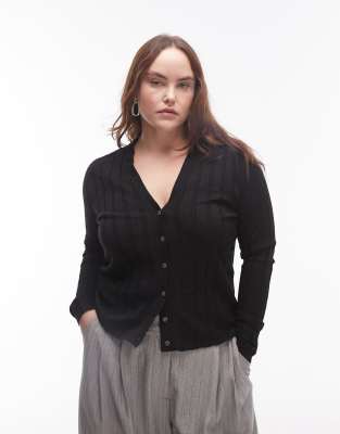 Mango Curve - Gerippte Strickjacke in Schwarz mit Knopfleiste