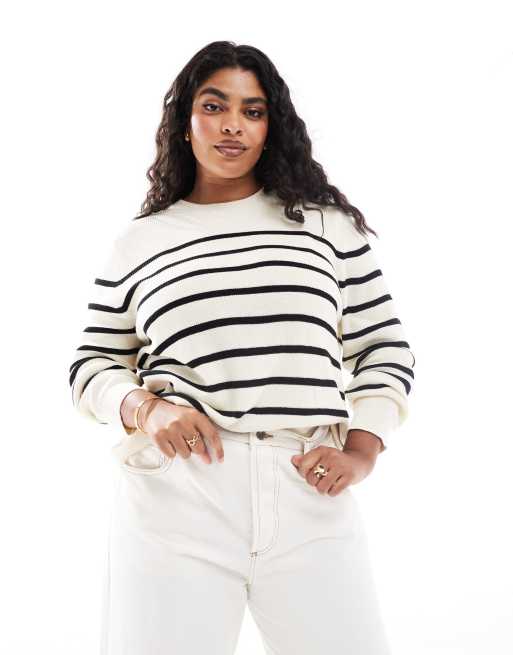 Mango Curve Gestreepte lichtgewicht trui in wit ASOS