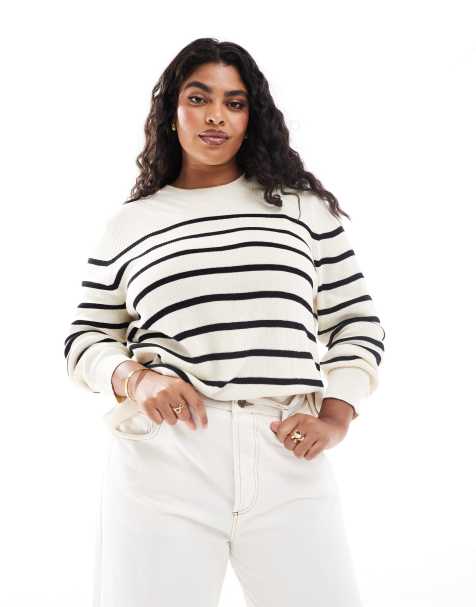Mango Curve – Gestreifter, leichter Pullover in Weiß - view 1