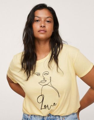 Mango Curve graphic face print t-shirt in beige