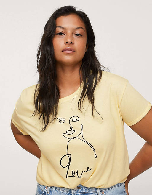 Tops Mango Curve graphic face print t-shirt in beige 