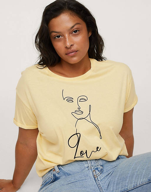 Tops Mango Curve graphic face print t-shirt in beige 