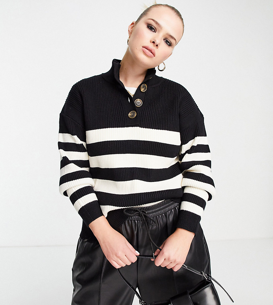 Mango Curve half button sweater with contrast stripes in black