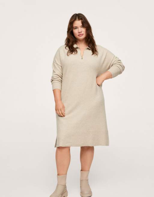 Mango Curve half zip collar jumper dress in ecru ASOS