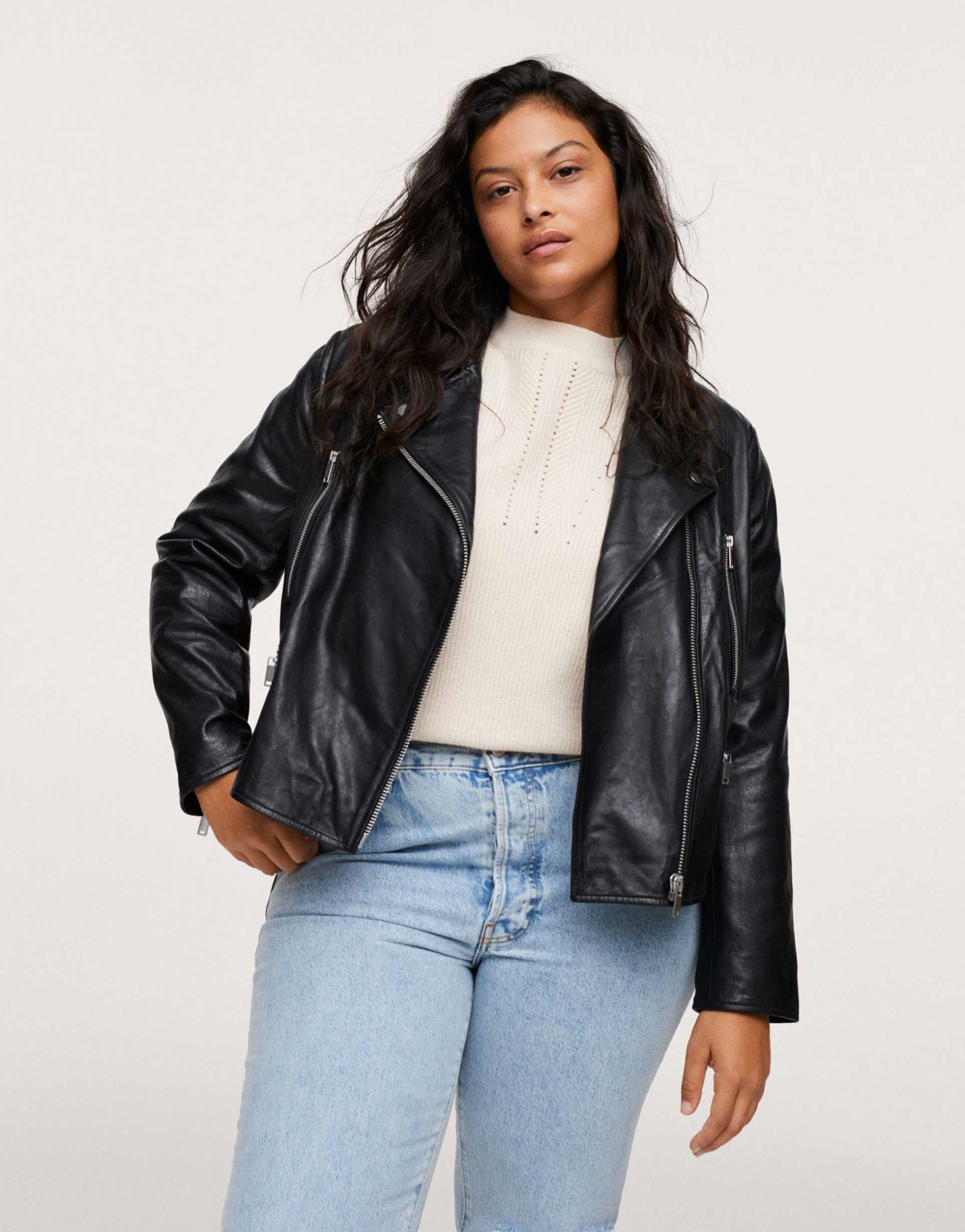 <b>Mango</b> Curve leather biker jacket, 1 of 4.