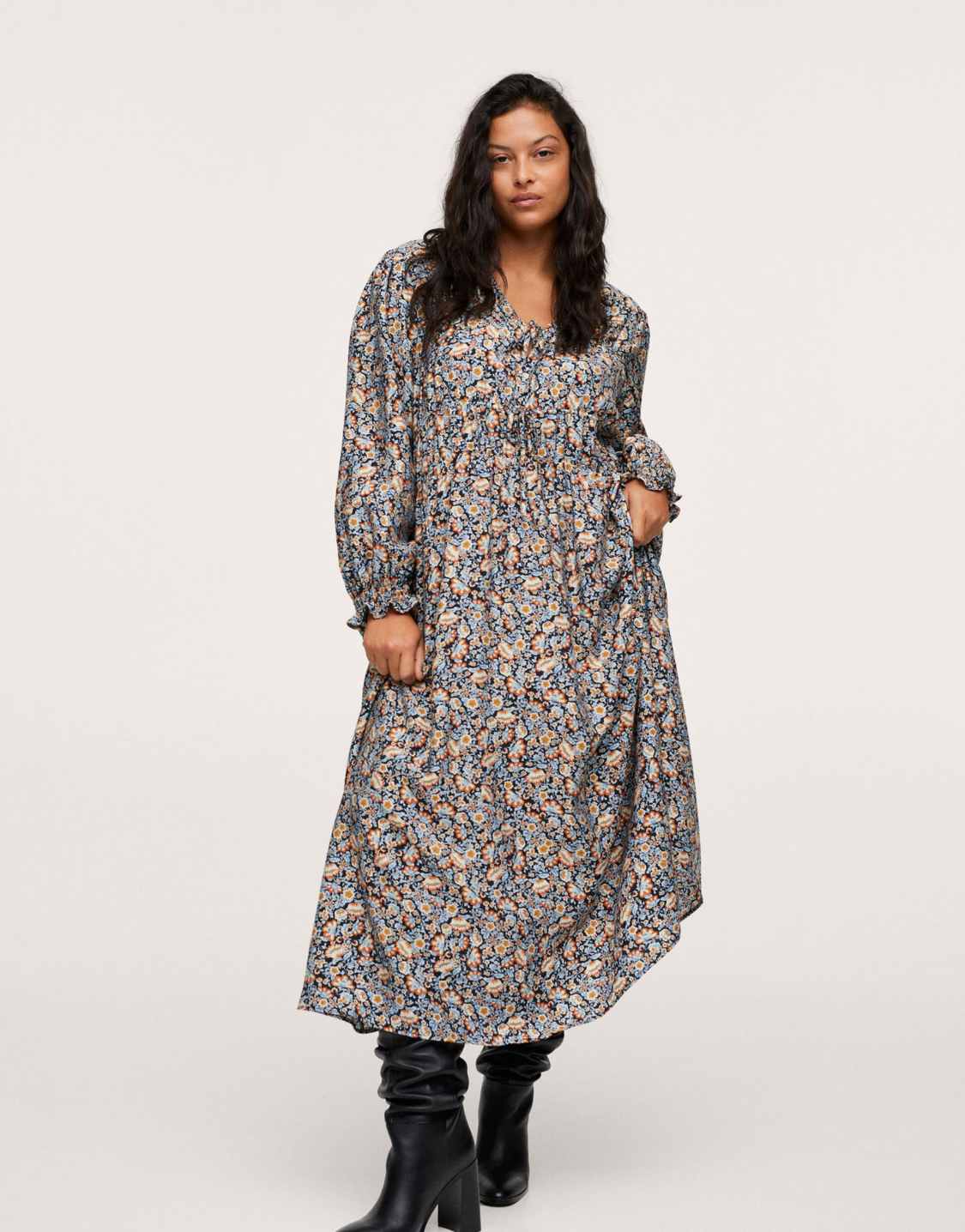 <b>Mango</b> Curve long sleeve midi dress in floral, 1 of 4.