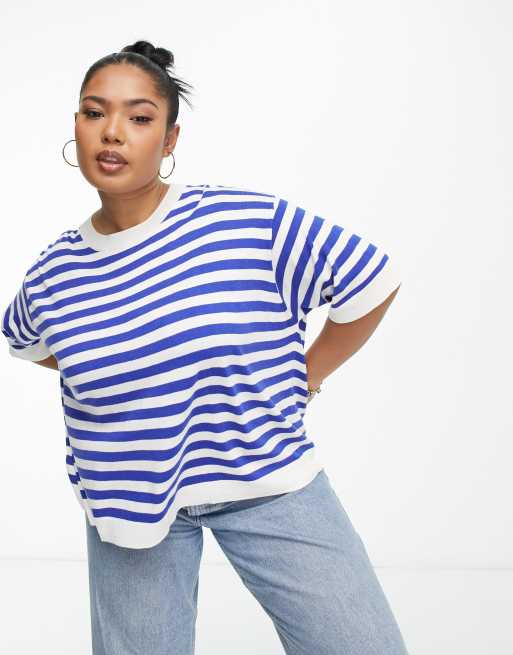 Mango Curve - Oversized gestreept T-shirt in blauw