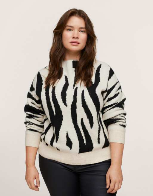 Mango Curve - Pull ras de cou à imprimé zèbre - Noir et blanc