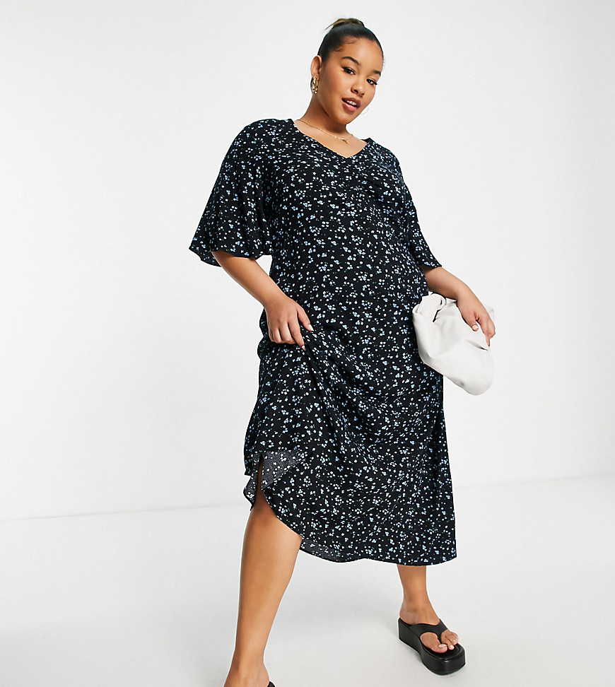 Mango curve ruched front midi dress in black