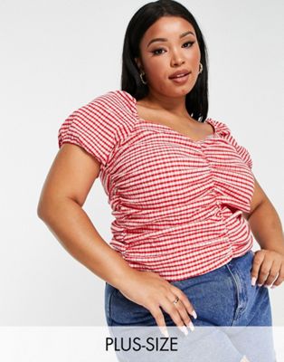 Mango Curve ruched front puff sleeve top in red gingham