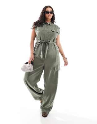 Curve sleeveless tie waist jumpsuit in khaki-Green