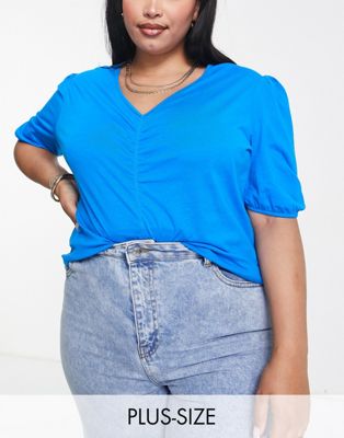 Mango Curve ruched front ribbed t-shirt in bright blue - ASOS Price Checker