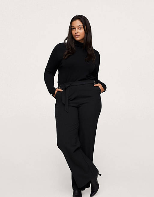 Mango Curve tailored pants with waist tie detail in black | ASOS
