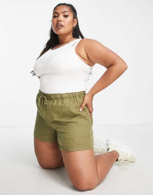 Mango Curve tie up linen shorts in khaki ASOS