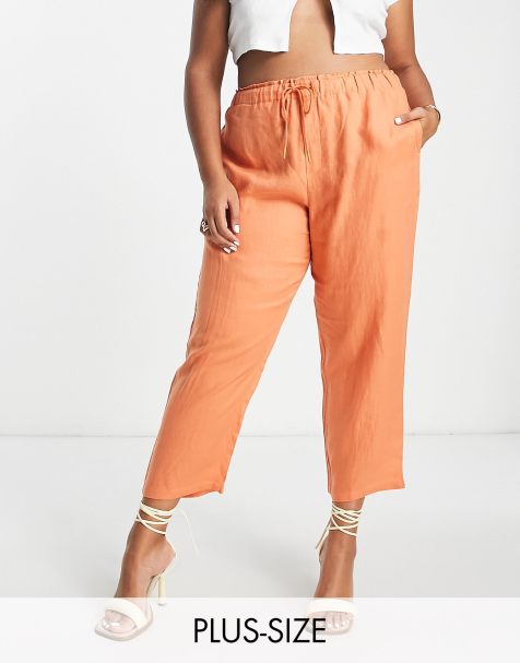 Mango Curve tie up linen trousers in orange - view 1