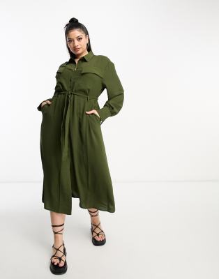 Shop Mango Curve Tie Waist Shirt Dress In Khaki-green