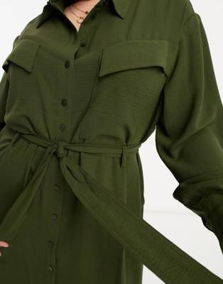 Mango Curve tie waist shirt dress in khaki