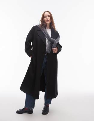 Mango Mango curve tie waist wool coat in black