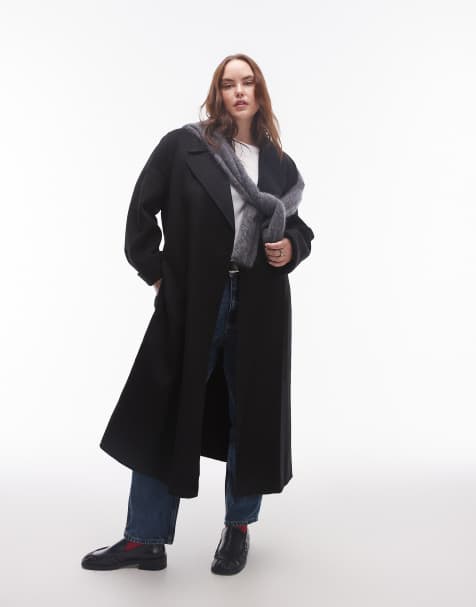 Mango curve tie waist wool coat in black - view 1