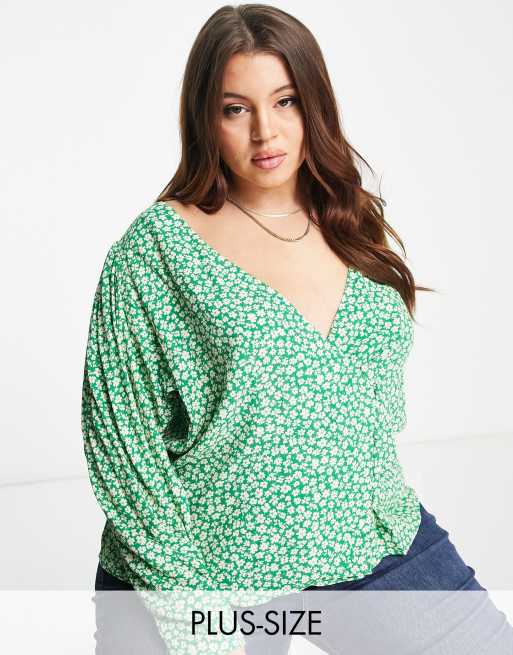Mango Curve v neck blouse in green print