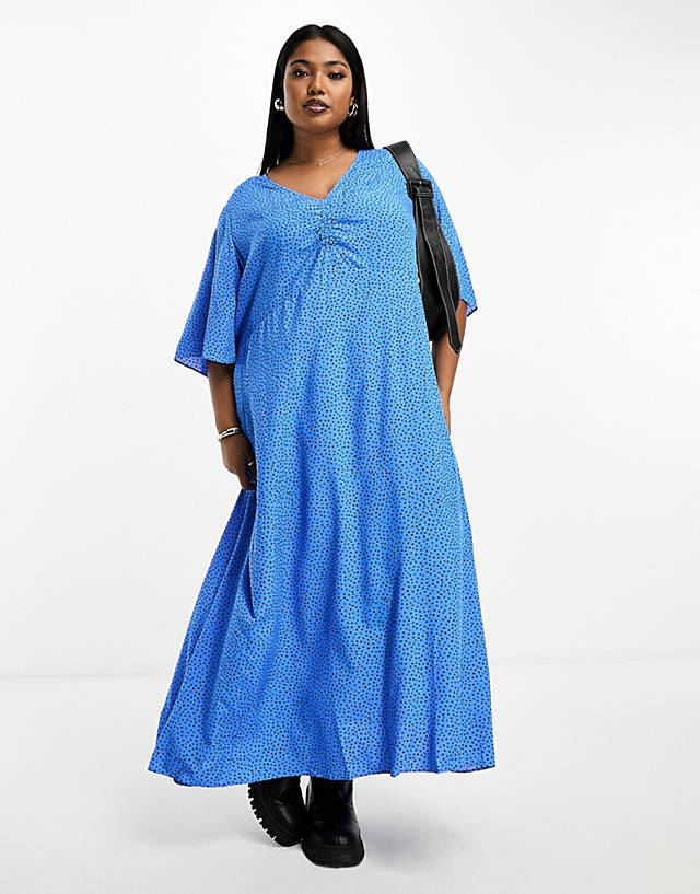 Mango - curve v neck micro polka dot midi dress in blue