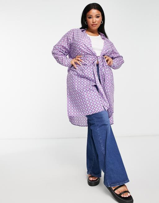 Mango Curve – Wiązana z przodu koszula w fioletowy geometryczny wzór, 4 z 4
