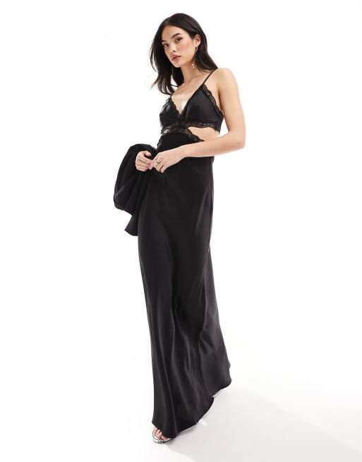 Mango cut out lace detail maxi dress in black