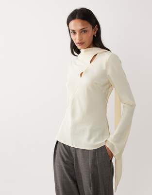 Mango Cut Out Long Sleeve Top With Scarf Detail In Neutral