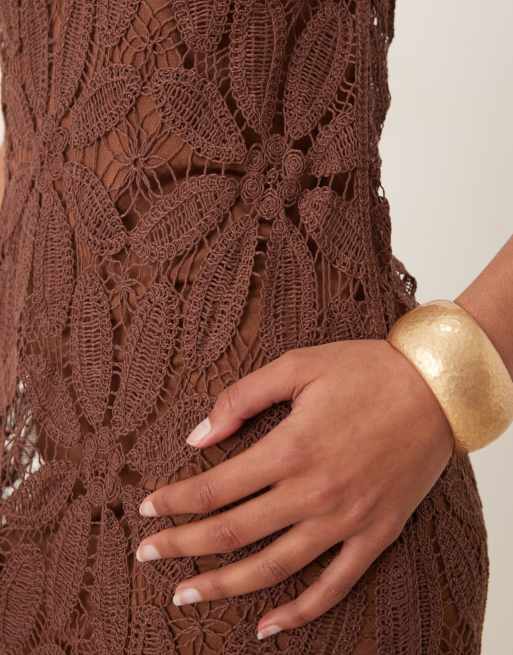 Mango cutwork crochet mini dress in chocolate | ASOS