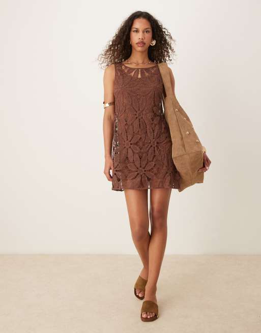 Mango cutwork crochet mini dress in chocolate | ASOS