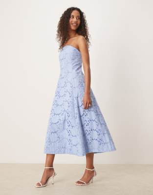 Mango Cutwork Detailing A Line Dress In Blue
