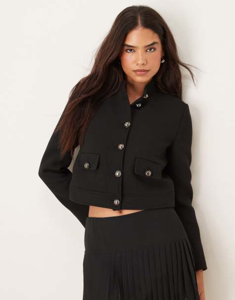 Mango cotton short tailored jacket with gold buttons in black
