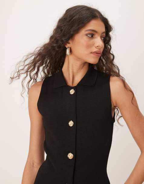 Mango knitted gold button waistcoat in black